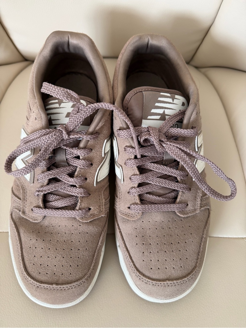 New Balance Women’s Taupe Suede Low-Top Sneakers with White Accents